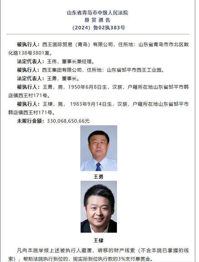 青岛一公司拒不支付超3.3亿元执行款：法院发布悬赏通告 最高奖励990万