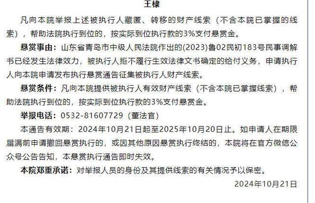 青岛一公司拒不支付超3.3亿元执行款：法院发布悬赏通告 最高奖励990万